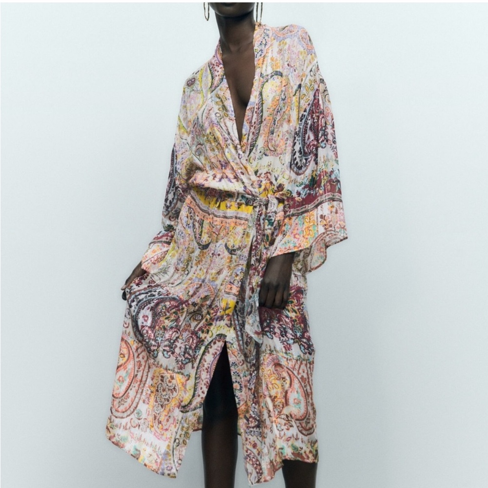 ZARA LONG paisley shimmer sheer PRINT KIMONO- Cover Up - Picture 2 of 2